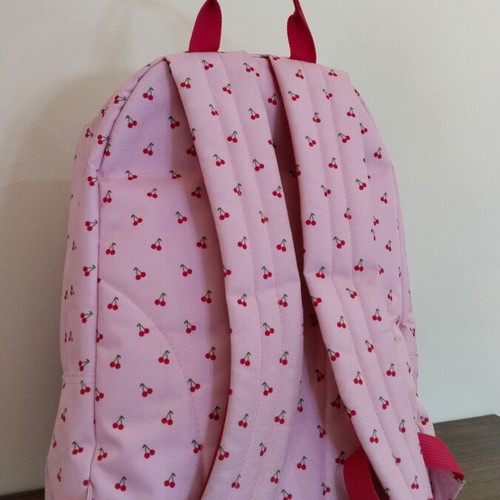 School bag used, pink with cherry and polka dot pattern