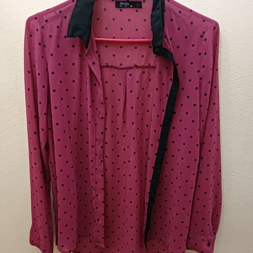 Bershka fuchsia semi-transparent shirt with polka dots and black collar size S like new