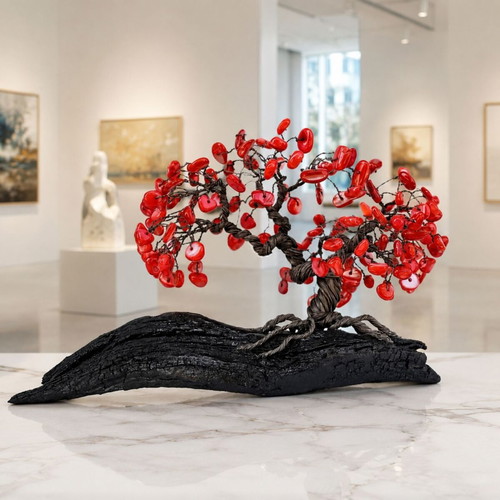 Handcrafted bonsai with red coral gemstones, new