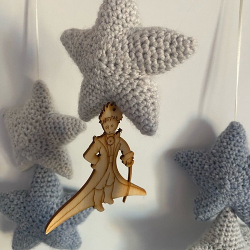 Handmade musical baby mobile with little prince and blue stars used