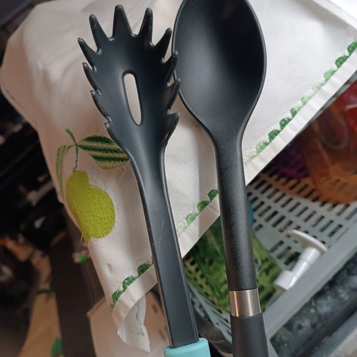 Kitchen serving utensils set like new, black plastic with turquoise handle