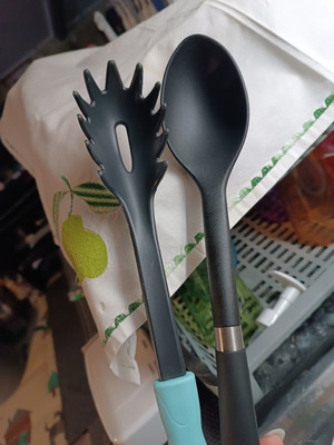 Kitchen serving utensils set like new, black plastic with turquoise handle