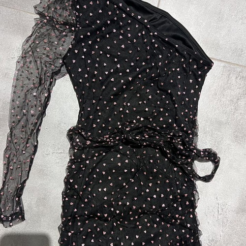 Black mini dress with pink hearts and transparent sleeve, like new