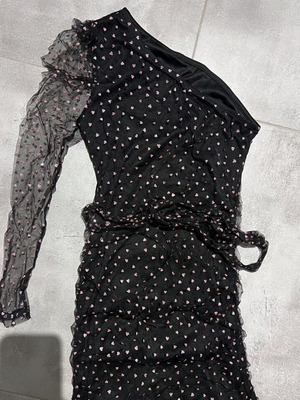 Black mini dress with pink hearts and transparent sleeve, like new