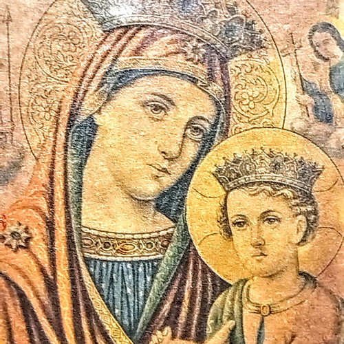 Old Icon of Panagia used, shell and stone frame
