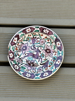 Handmade ceramic plate Ikaros Rhodes 18 cm used, deer motif vintage