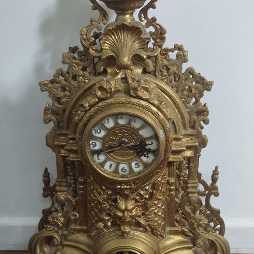 Decorative Fireplace Set used, brass clock and 2 candlesticks