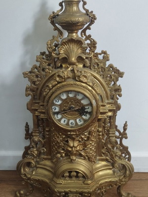 Decorative Fireplace Set used, brass clock and 2 candlesticks