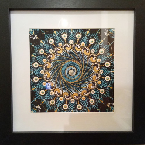 Mandala painting new with frame 35x35, hand-painted acrylic dot art