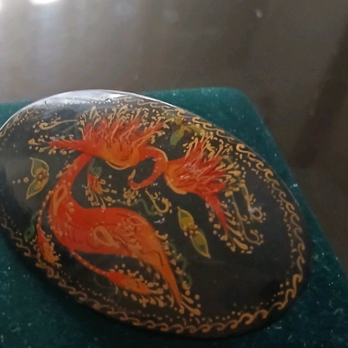 Handmade Russian brooch painted with signature on lacquer like new