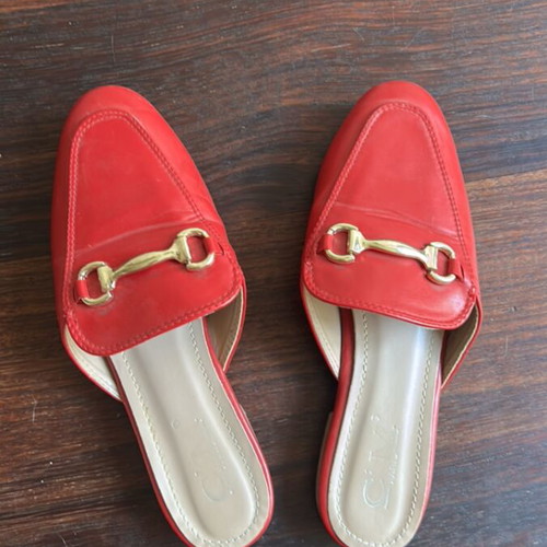 Backless loafers red moccasins size 37 used, gold horsebit