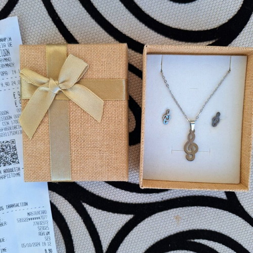 Steel necklace and earrings set treble clef new, silver