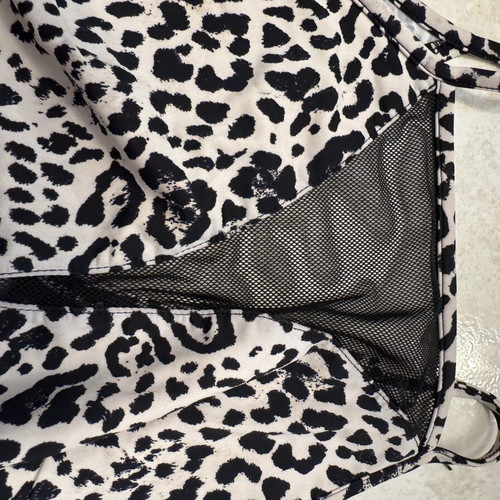 Animal print one-piece swimsuit with black mesh details