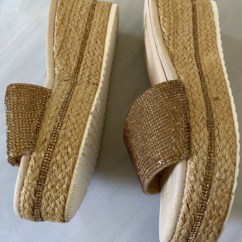 Gold slippers with straw platform and rhinestones like new