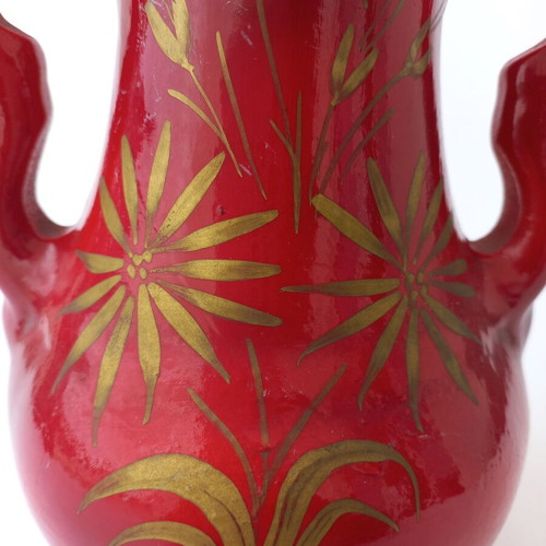 Handmade ceramic vase vintage used, red hand-painted