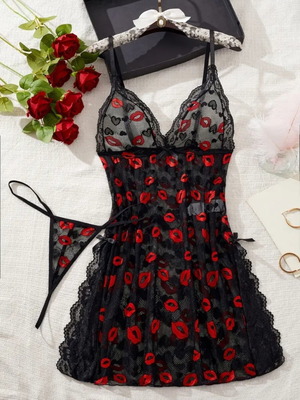 Black lace babydoll with red lips pattern plus size 5XL, new