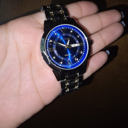 Ourstart men's watch new, stainless steel, silver and gold with blue dial