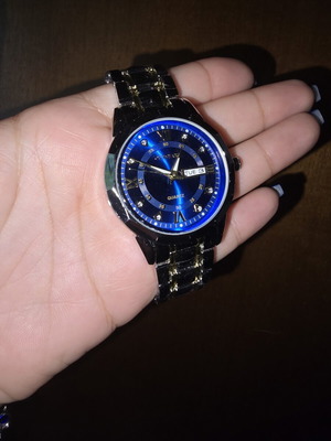 Ourstart men's watch new, stainless steel, silver and gold with blue dial