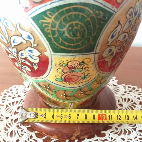 Vintage table lamp handmade from camel leather and wood, used