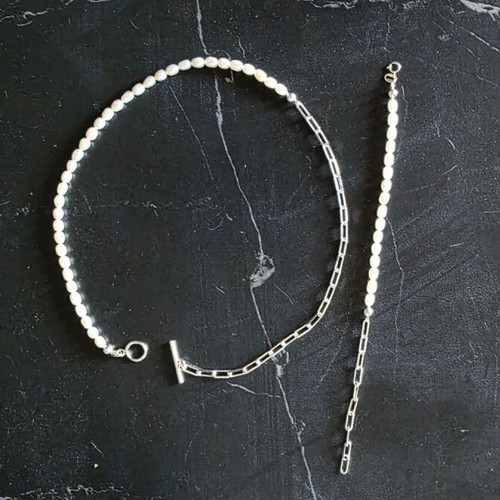 925 Sterling Silver Necklace and Bracelet Set with Natural Pearls and Paperclip Chain