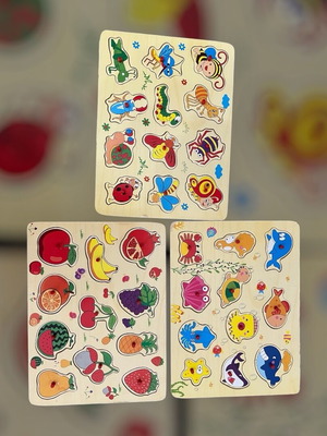Wooden puzzle inserts like new, set with fruits, insects and sea animals