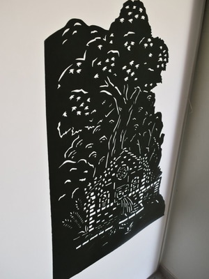 Shadow theater set like new, outdoor scene with fountain and plane tree