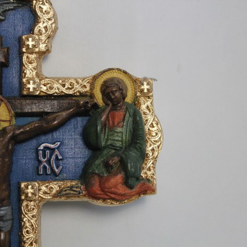 Wooden carved cross painted new with egg tempera and gilding