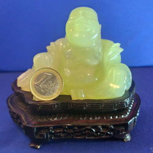 Vintage Budai figurine, handmade natural hard stone, celadon style