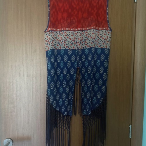 Staff women's blouse like new, asymmetric with fringes, blue and red, size S