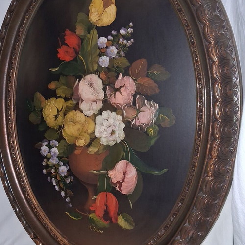 R. Rosini Large Collectible Italian Oil Painting on Wood with Flowers like new