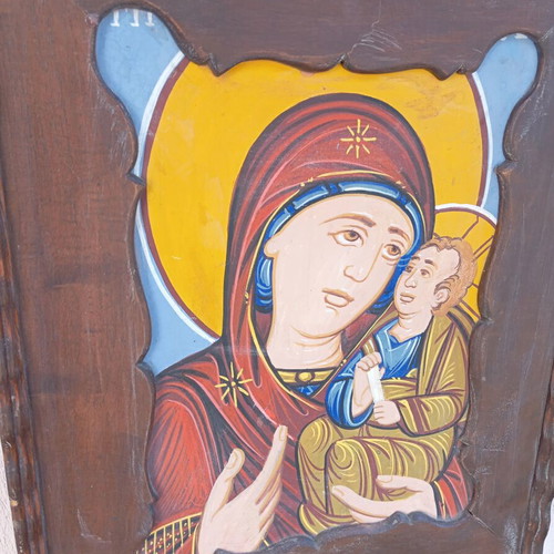 Religious icon on canvas used, wooden frame with missing bottom molding