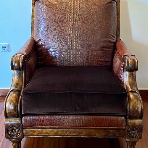 Paul Robert armchair leather and solid wood like new with velvet cushion