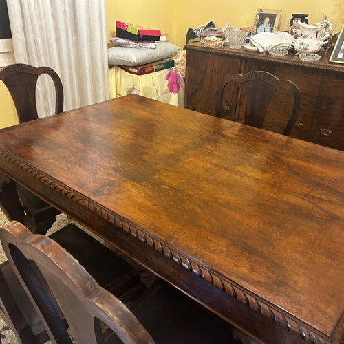 Walnut dining set with 6 chairs and buffet, vintage
