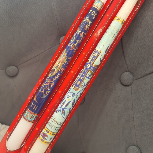 Easter candles set of 2 new with religious designs and gold print