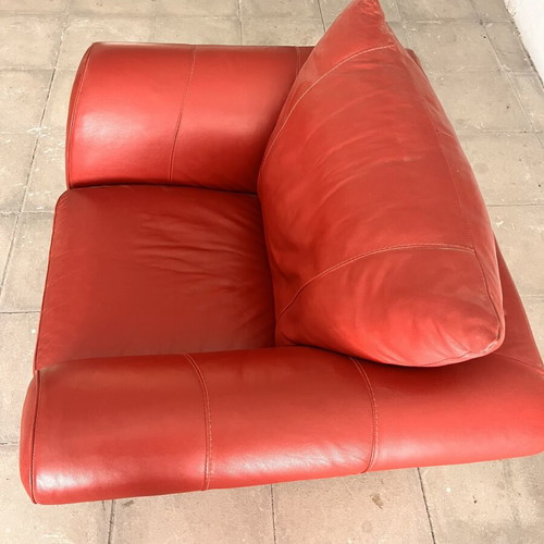 Italsofa leather armchair and 2-seater sofa, burgundy red