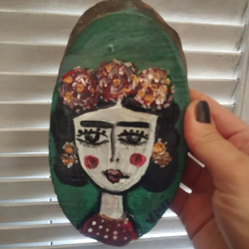 Wood painting of Frida face, hanging decoration