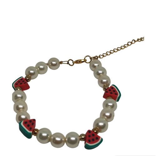 Bracelet with pearls, fimo watermelon charms and gold stainless beads new