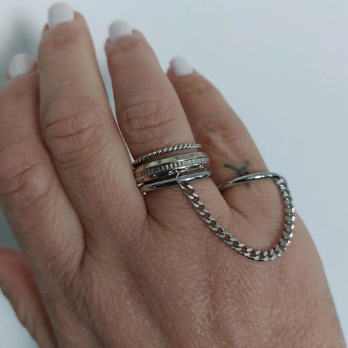 Double ring with chain new, silver stainless steel
