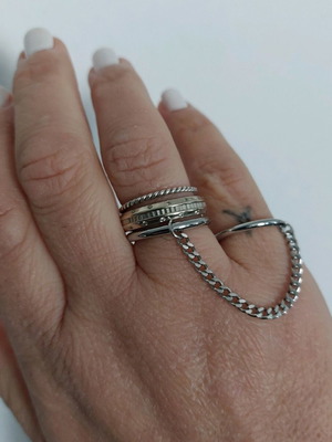Double ring with chain new, silver stainless steel