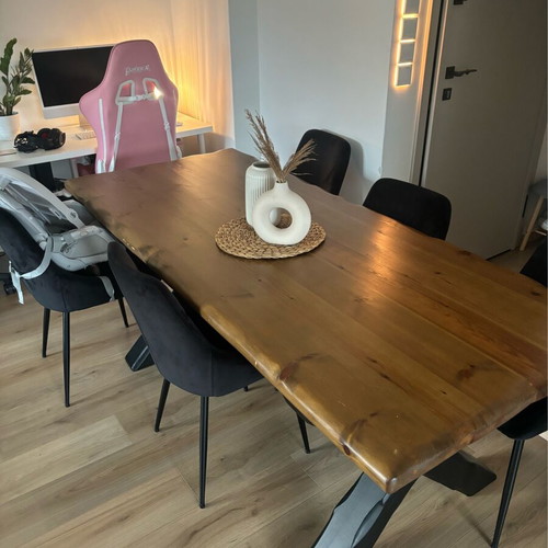 Dining set handmade solid wood with 6 velvet chairs, like new