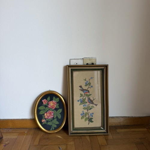 Vintage framed engravings and embroidery set of 6