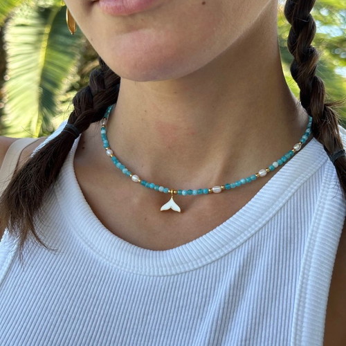 Necklace new stainless steel with pearls and semi-precious stones