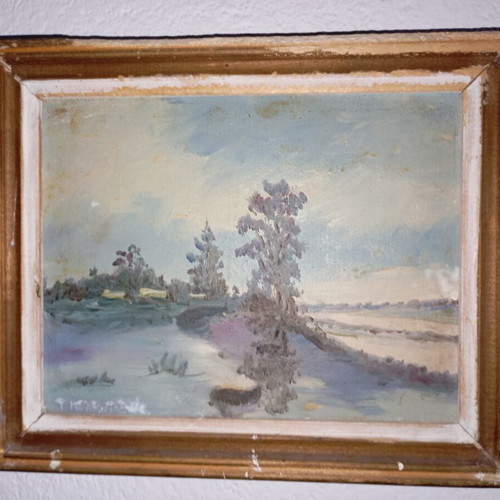 Retro landscape oil painting used, impressionist style with river and trees