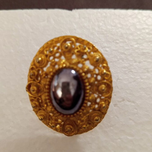 Pin with natural hematite energy crystal, new, black and gold