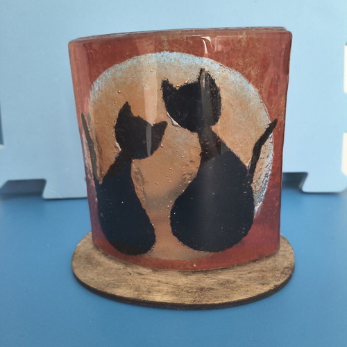 Decorative candle holder with cat design, glass and wood