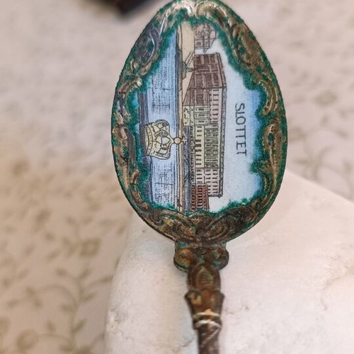 Vintage souvenir spoon from Stockholm with enamel decoration