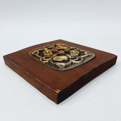 Vintage Brutalist Brass Wall Plaque on Wood used