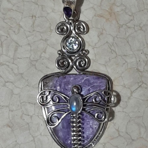 Dragonfly pendant 925 with purpurite, amethyst, blue topaz and moonstone new