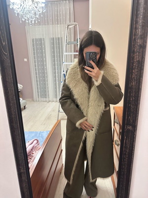 Zara двулицево палто с кожа ново, размер XS, бежово и зелено