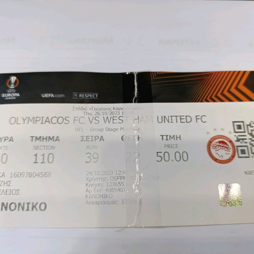 Olympiacos West Ham Europa League 2023 ticket used